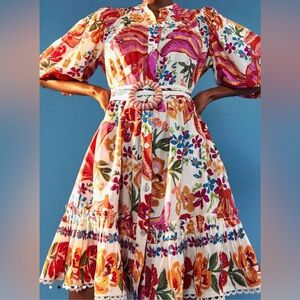 Farm Rio White Spring Bananas Belted Mini Dress with pockets - medium